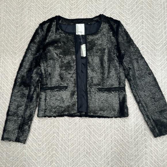 NWT Anthropologie Elevenses Black Gold Leaf Metallic Faux Fur Blazer Holiday S - Picture 2 of 8